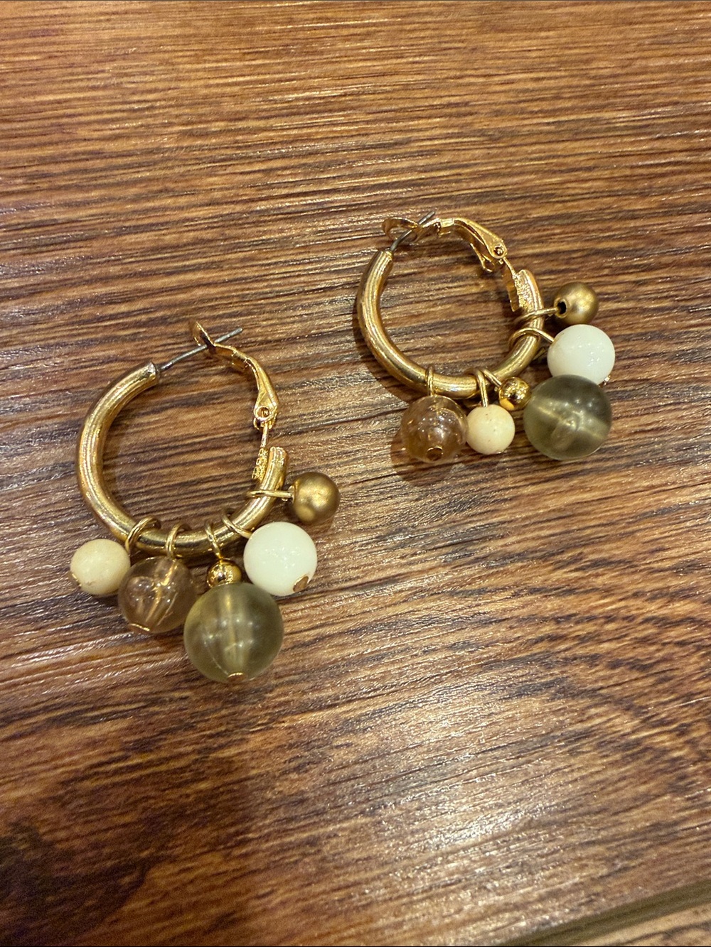 Gold Hoop Earrings with Green and Cream Beads